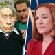 A split composite of life size puppets of Russian political leaders and Jen Psaki.