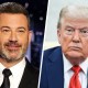 A split composite image of Jimmy Kimmel, left, and Donald Trump