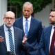 Russell Vought, director of the Office of Management and Budget, Senate Majority Leader John Thune and Vice President JD Vance speak to members of the media following a meeting at the White House