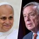 A split composite of Dick Durbin and Pope Leo.