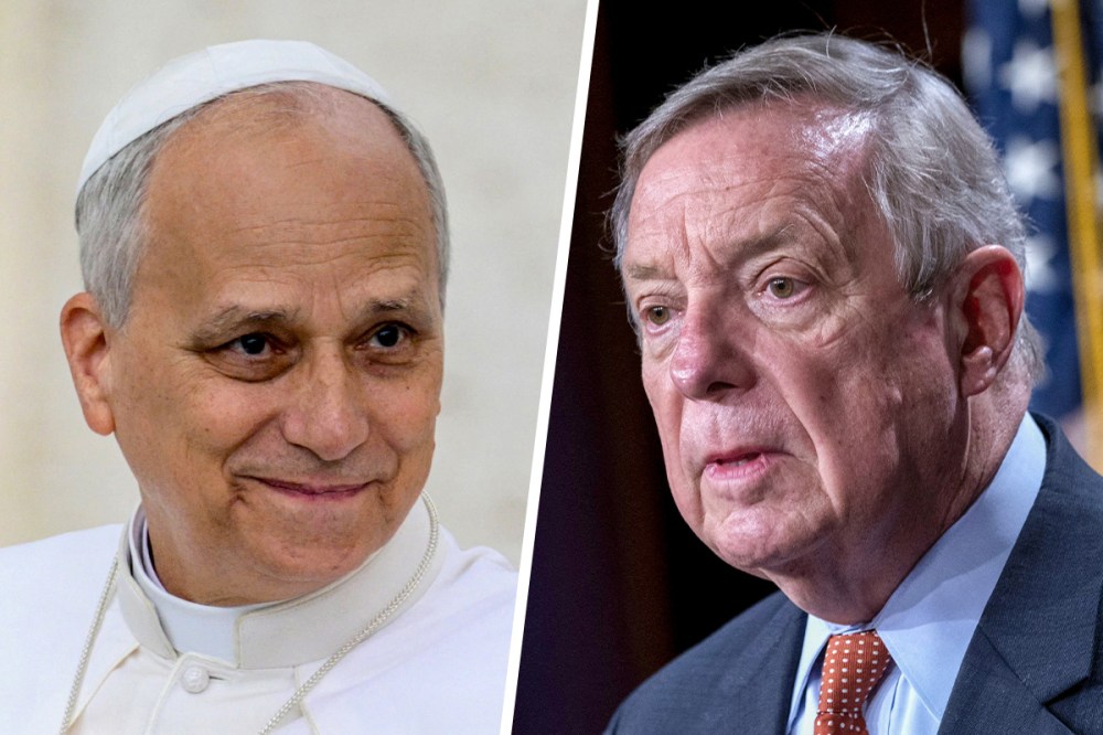 A split composite of Dick Durbin and Pope Leo.