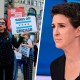 A split composite of a Chicago protest and Rachel Maddow.