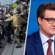 A split composite of a Chicago protest on Sept. 19, 2025 and Chris Hayes.