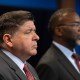 Illinois Gov. JB Pritzker and Chicago Mayor Brandon Johnson at a news conference on Oct. 6, 2025 in Chicago.