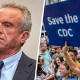 A split composite of Robert F. Kennedy Jr. and signage of the CDC.