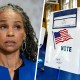 Maya Wiley; Voting booths at a polling center.