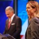 Jack Ciattarelli, left, and Mikie Sherrill at the final debate in the governor's race in New Brunswick, N.J., on Oct. 8, 2025.