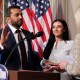 Kash Patel being sworn in as the new Federal Bureau of Investigation Director alongside girlfriend Alexis Wilkins.