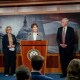 From left, Senator Catherine Cortez Masto, Senator Maggie Hassan, Senator Jeanne Shaheen, Senator Angus King and Senator Tim Kaine at a news conference at the Capitol.