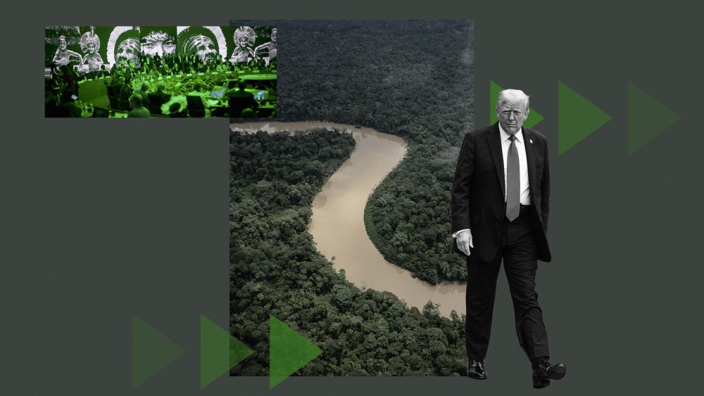 A photo illustration that includes a photo from COP30, a photo of the Amazon region and a photo of Donald Trump.