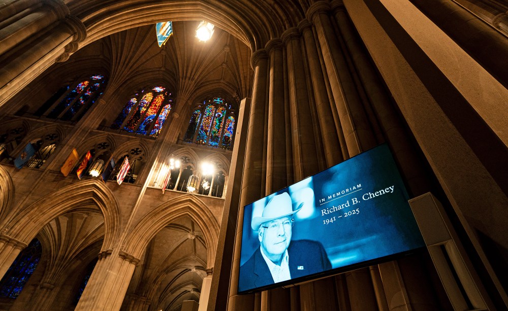 A memoriam sign at the Washington National Cathedral prior to the funeral service of late former US Vice President Dick Cheney.