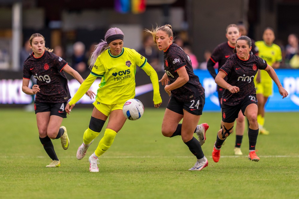 Trinity Rodman, second from left, of the Washington Spirit during a game against Portland Thorns FC in Washington, D.C.