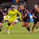 Trinity Rodman, second from left, of the Washington Spirit during a game against Portland Thorns FC in Washington, D.C.