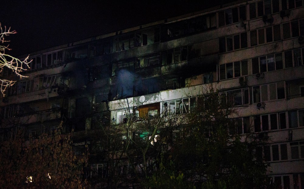 A residential mid-rise is damaged during Russia's combined air attack in Kyiv, Ukraine.