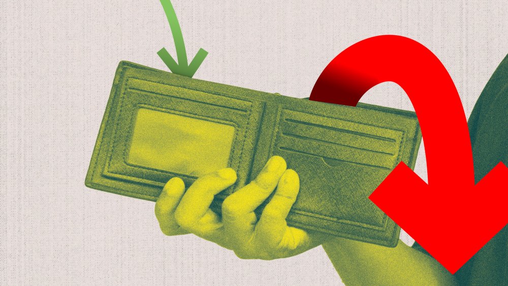 An empty wallet with a small arrow going in, and a larger arrow coming out