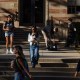 Students walk around the UCLA campus in Los Angeles.