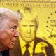 A profiled view of President Donald Trump in front of a poster of the "Trump Gold Card."