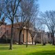 Students attending Brown University walk through the main campus