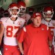 Head Coach Andy Reid, Travis Kelce #87 and Patrick Mahomes #15 of the Kansas City Chiefs look on before taking the field against the Washington Football Team.