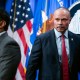 FBI Director Kash Patel, left, and Deputy Director of the FBI Dan Bongino conduct a news conference at the Department of Justice.