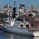 A U.S. Coast Guard cutter sits docked at Coast Guard Island Alameda