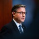US House Speaker Mike Johnson speaks to members of the media at the US Capitol.