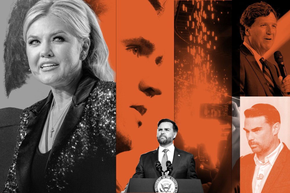 A composite image of Charlie Kirk, Erika Kirk, JD Vance, Tucker Carlson, and Ben Shapiro