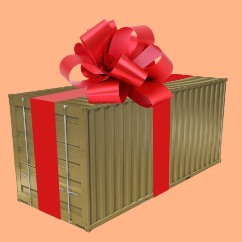 An illustration of a shipping container with a bow on top