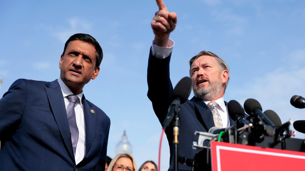 Rep. Thomas Massie and Rep. Ro Khanna during a news conference on the Epstein Files Transparency Act on Nov. 18, 2025 outside the U.S. Capitol.