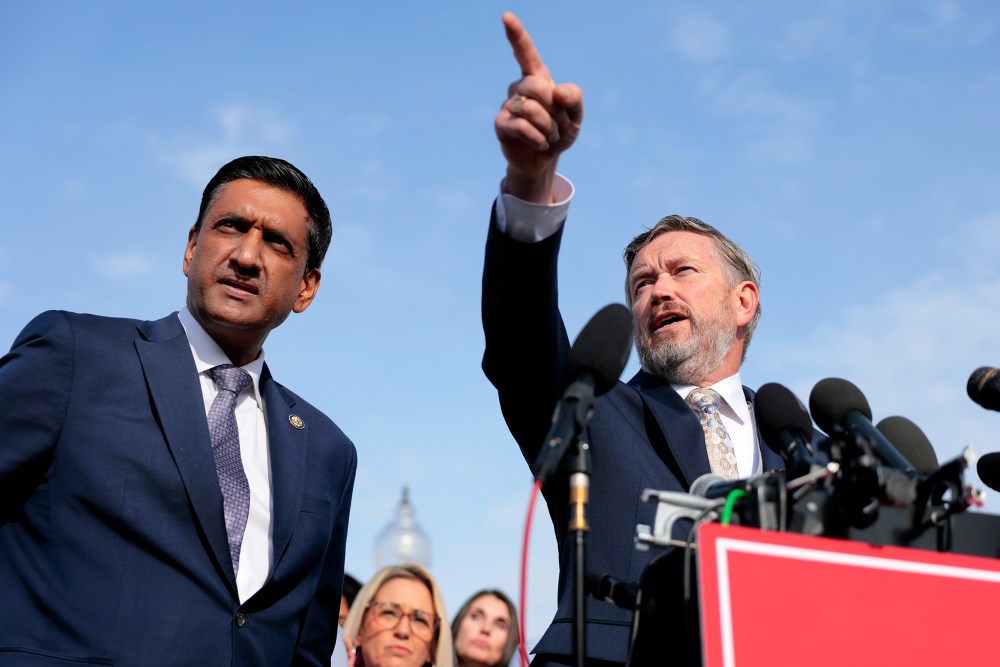 Rep. Thomas Massie and Rep. Ro Khanna during a news conference on the Epstein Files Transparency Act on Nov. 18, 2025 outside the U.S. Capitol.