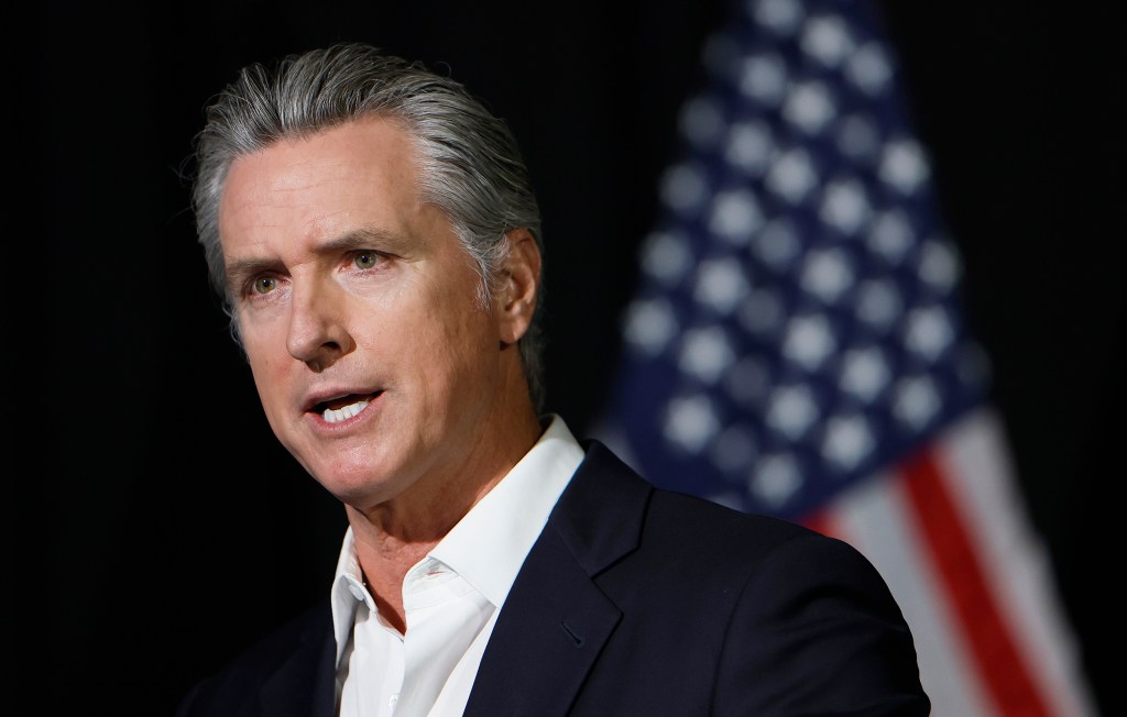 California Gov. Gavin Newsom speaks to reporters on Oct. 22, 2025 in Stockton, CA.