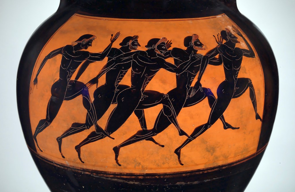 Panathenaic prize amphora with marathon runners at the Olympic games, ca 550-530 BC.