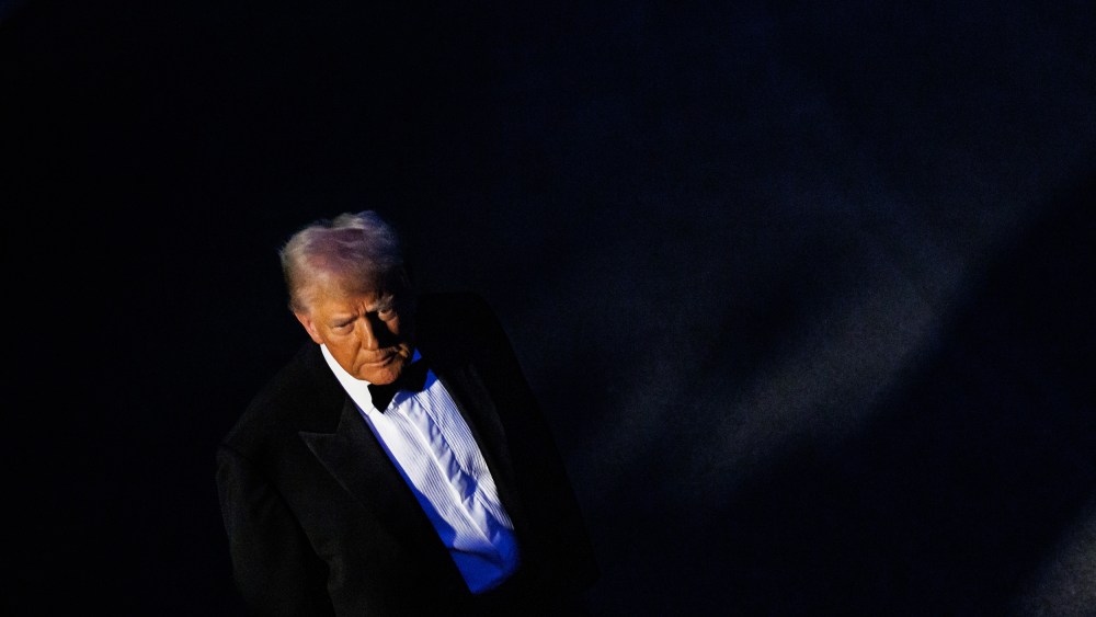 President Donald Trump dressed in a tux from an elevated angle.