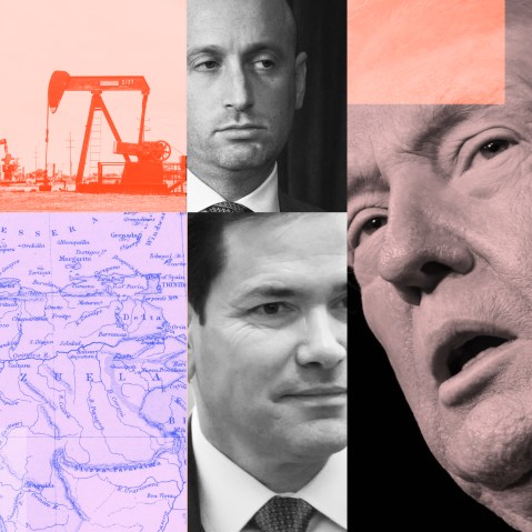 A collage showing Trump, Marco Rubio, and Stephen Miller, overlaying a map of Venezuela