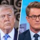 This is a split image of President Trump on the left and MS NOW's Joe Scarborough on the right.