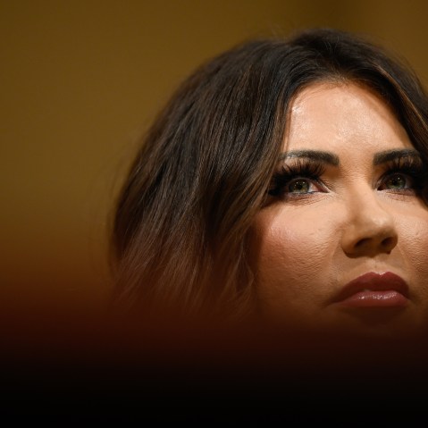 A tight closeup of DHS secretary Kristi Noem.