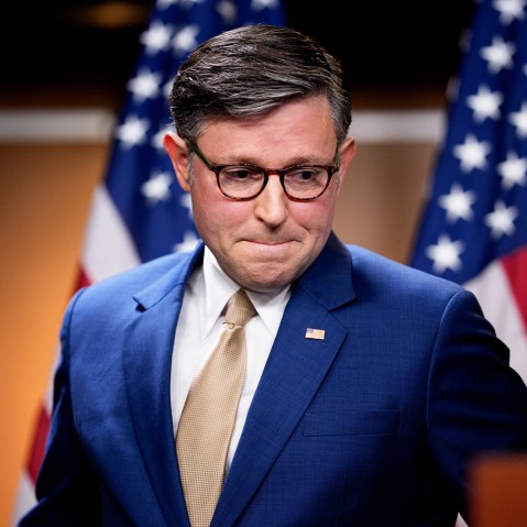 Speaker of the House Mike Johnson appears at a news conference on Oct. 20, 2025, on Capitol Hill.