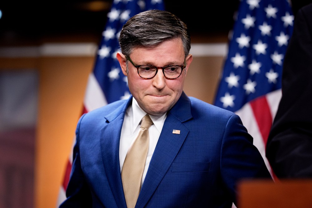 Speaker of the House Mike Johnson appears at a news conference on Oct. 20, 2025, on Capitol Hill.