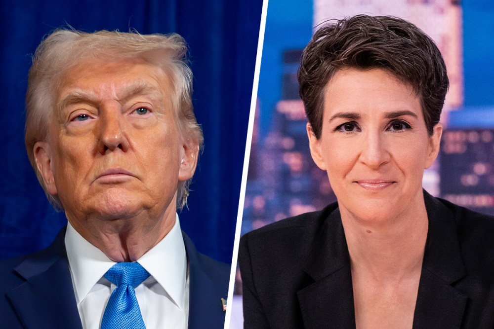This is a split image with President Donald Trump on the left and MS NOW&rsquo;s Rachel Maddow on the right.
