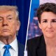 This is a split image with President Donald Trump on the left and MS NOW’s Rachel Maddow on the right.