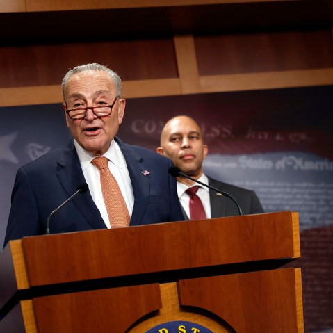 U.S. Senate Minority Leader Charles Schumer and House Minority Leader Hakeem Jeffries at a press conference on Feb. 04, 2025 at the U.S. Capitol.