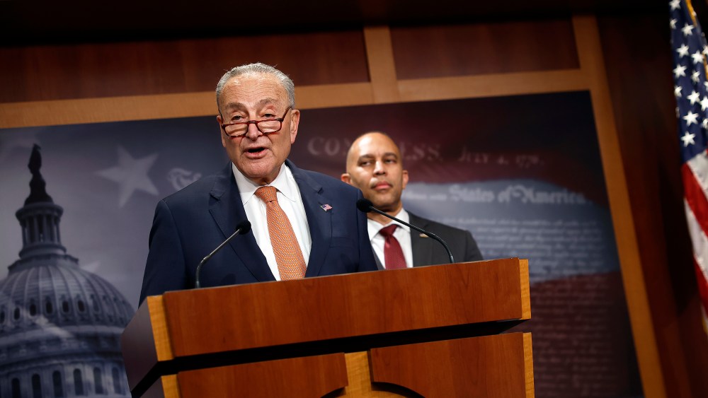 U.S. Senate Minority Leader Charles Schumer and House Minority Leader Hakeem Jeffries at a press conference on Feb. 04, 2025 at the U.S. Capitol.
