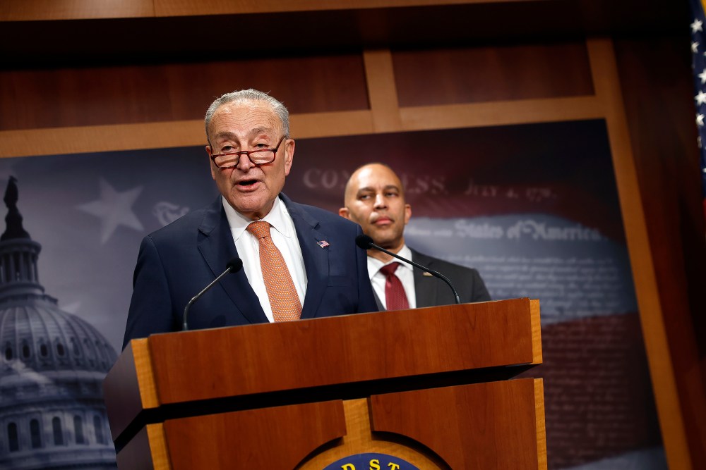 U.S. Senate Minority Leader Charles Schumer and House Minority Leader Hakeem Jeffries at a press conference on Feb. 04, 2025 at the U.S. Capitol.