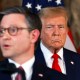 President Donald Trump listens as Speaker of the House Mike Johnson speaks during a press conference on April 12, 2024, in Palm Beach, Fla.
