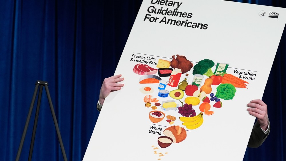 A person's hands are seen holding a display showing the newly announced food pyramid.