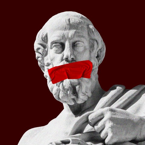 An illustration of Plato with duct tape over his mouth