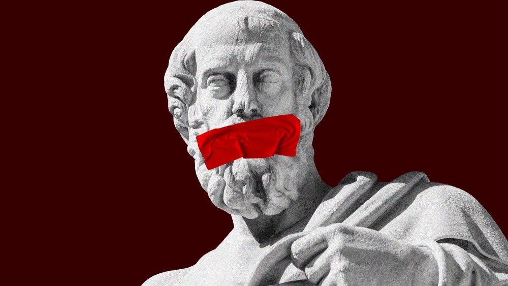 An illustration of Plato with duct tape over his mouth