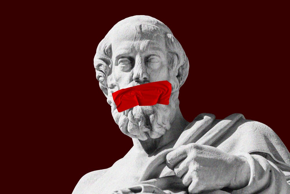 An illustration of Plato with duct tape over his mouth
