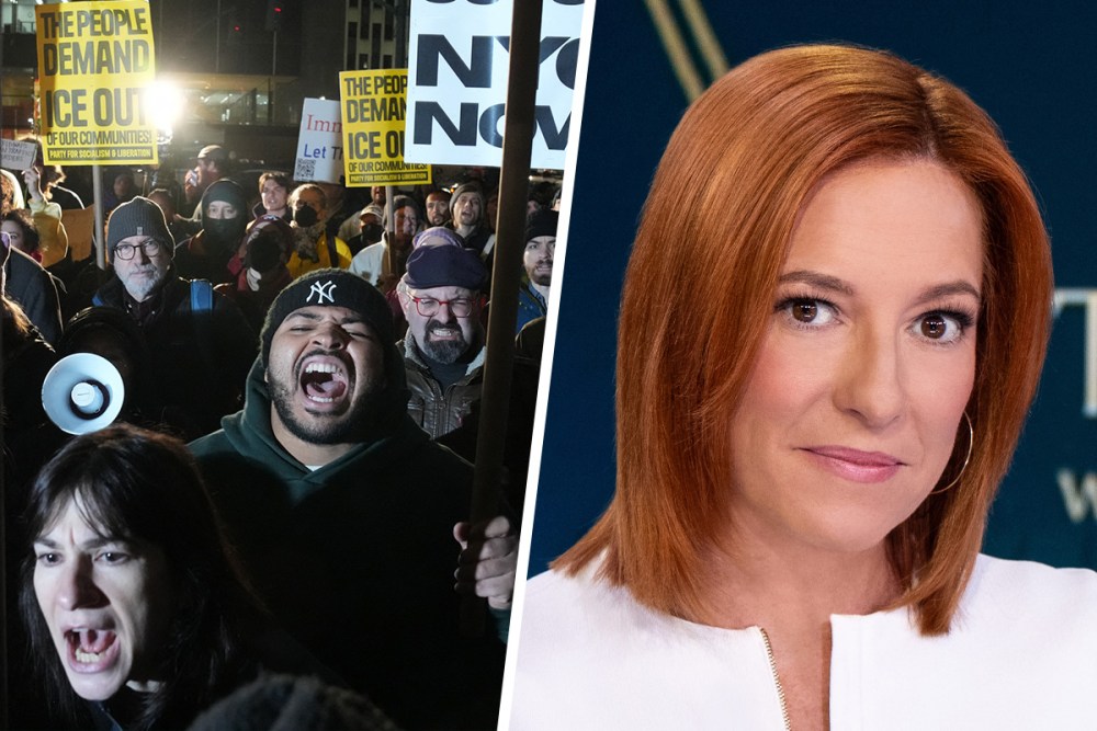 This is a split image. On the left, protestors yell against ICE. On the right is Jen Psaki.