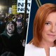 This is a split image. On the left, protestors yell against ICE. On the right is Jen Psaki.